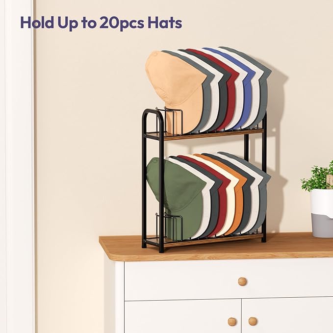 SWTYMIKI Hat Stand for Baseball Caps - 2 Tier Wood & Metal Removable Tabletop Hat Organizer Storage Display Rack, Holds up to 20 Caps for Desk, Closet Shelf, Dresser (Black)