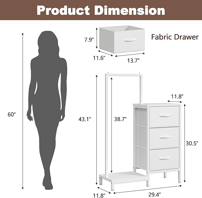 Dresser for Bedroom with Hanging Rack, 3 Drawers Dresser for Bedroom - White