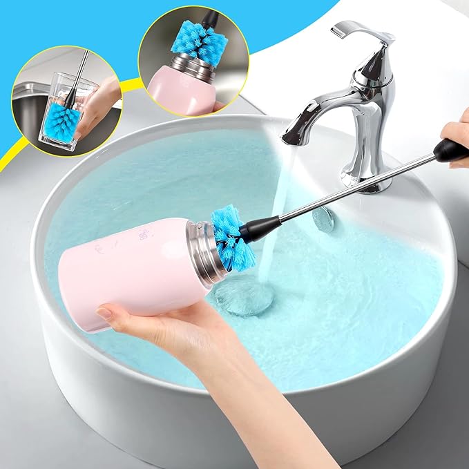 5 Pack Bottle Cleaning Brush Set, Stainless Steel Scrub Cleaner Brush with 15'' Long Handle and 3 Straw Brushes, Flexible for Cleaning Sport Water Bottles, Straws, Coffee Mug, Cups, Baby Bottle