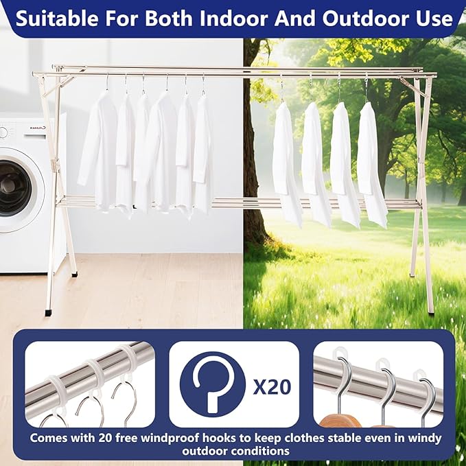 63 inches Foldable Clothes Drying Rack, Heavy Duty Stainless Steel Laundry Drying Rack for Indoor Outdoor,Clothes Rack Adjustable Length. 3 Additional Reinforcement Bars with 20 Windproof Hooks