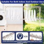 95 inches Foldable Clothes Drying Rack, Heavy Duty Stainless Steel Laundry Drying Rack for Indoor Outdoor, Clothes Rack Adjustable Length. 3 Additional Reinforcement Bars with 20 Windproof Hooks