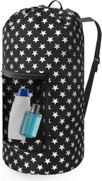 Portable Laundry Bag Backpack with Adjustable Straps & Mesh Pocket - Drawstring Closure for College, Apartment, Camping (Star Shape)