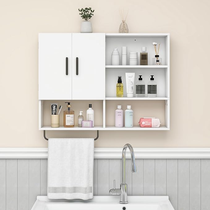 Wooden Bathroom Organizers, Over The Toilet Storage Cabinet with 2 Doors, Adjustable Shelves & Towel Bar, Wall Mounted Medicine Cabinet for Kitchen & Laundry, White
