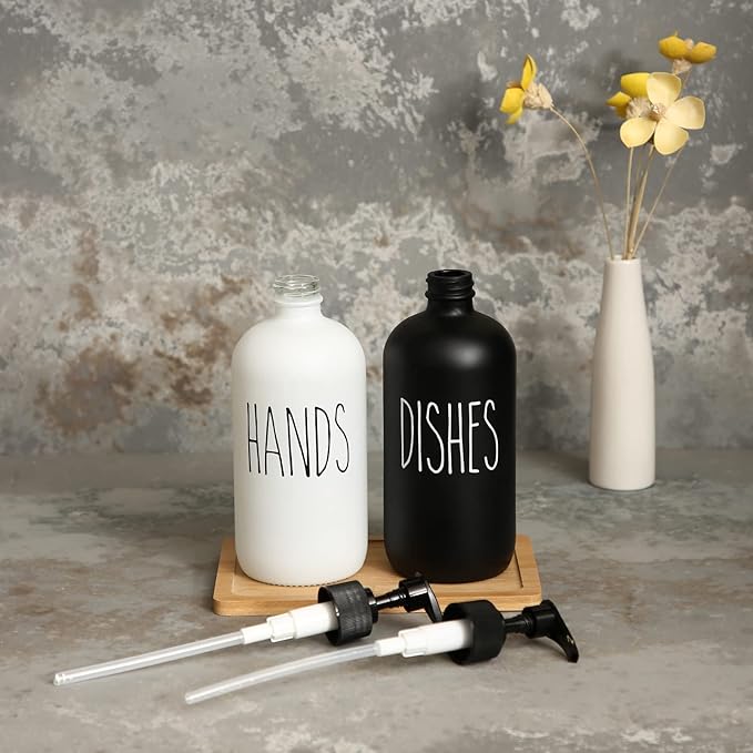 MOMEEMO Soap Dispenser Set 2 Pack, Contains Hand and Dish Soap Dispenser, Perfect for Black and White Kitchen Decor. (Black & White)