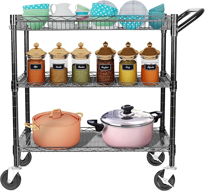 WDT Heavy Duty 3 Tier Utility Cart,Wire Rolling Cart with Wheels, Commercial Grade Service Cart with Shelving Liners and Handle Bar Metal Carts for Kitchen Office Hardware (990LBS Capacity Black)