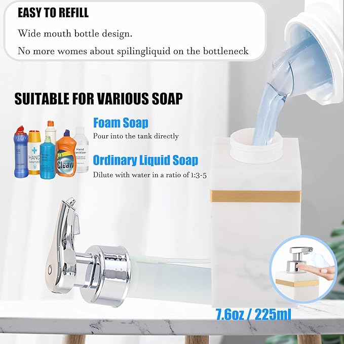 Automatic Soap Dispenser, Touchless Smart Foam Soap Dispenser, USB Rechargeable, 7.6oz / 225ml, Dish Soap Dispenser for Bathroom, Kitchen, Hotel - Black & Gold