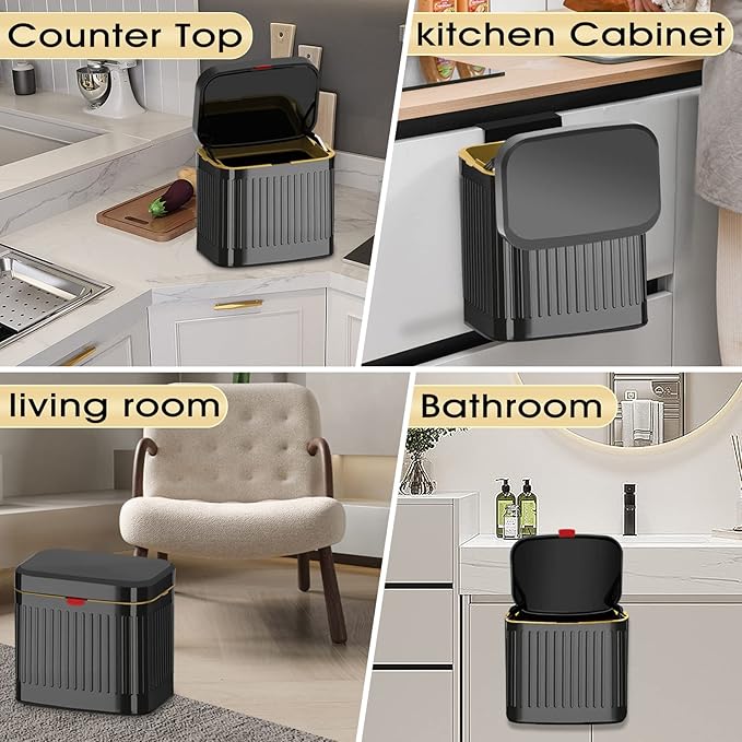 GloDeals Kitchen Trash Can for Counter Top or Under Sink, 1.05 Gallon Stainless Steel Small Compost Bin, Wall Mount Compost bin with Lid for Kitchen, Cabinet Trash Can Hanging (Black)
