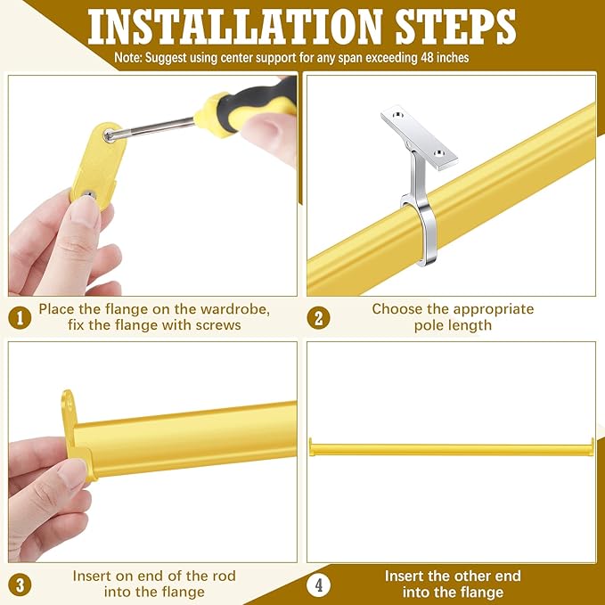 Tandefio Chrome Closet Rod 92 Inch with Oval Closet Rod 6 End Supports for Laundry Room Hanging Clothes Waterproof Shower for Curtains(Gold,2 Sets)