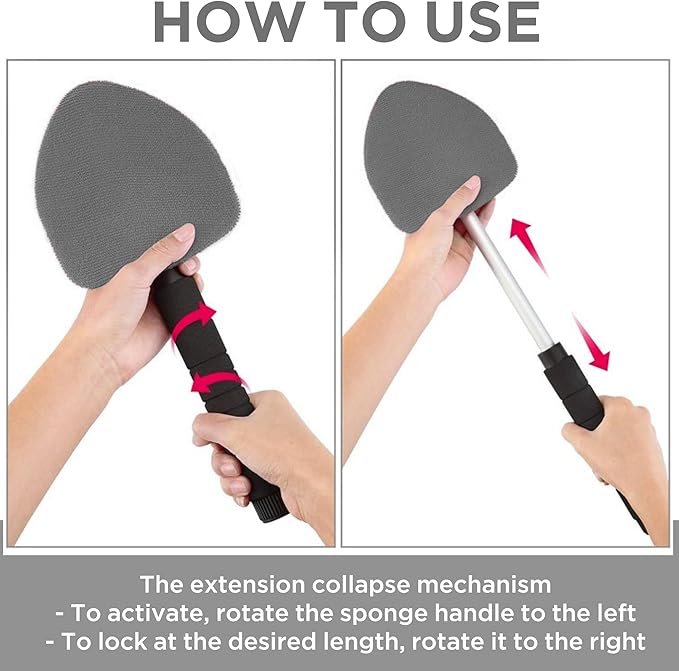 TAKAVU Car Window Cleaning Tool, Windshield Wiper Cleaner with Extendable Long-Reach Handle, 3 Washable Reusable Microfiber Bonnets, Car & Home Inside Interior Exterior Use - Lint Free (Grey)