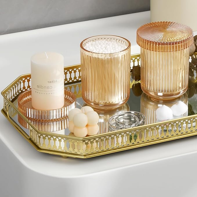 rejomiik Glass Qtip Holder Dispenser 2 Pack, Bathroom Canister Apothecary Jars with Lids, Vanity Makeup Accessories Storage Organizer for Cotton Swabs, Cotton Balls, Pads, Floss Picks, Amber