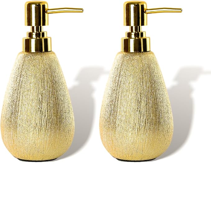 Brushed Gold Ceramic Soap Dispenser 2 Pack, 11 oz Textured Hand or Dish Soap Dispenser with Golden Plastic Pump for Bathroom or Kitchen Countertop
