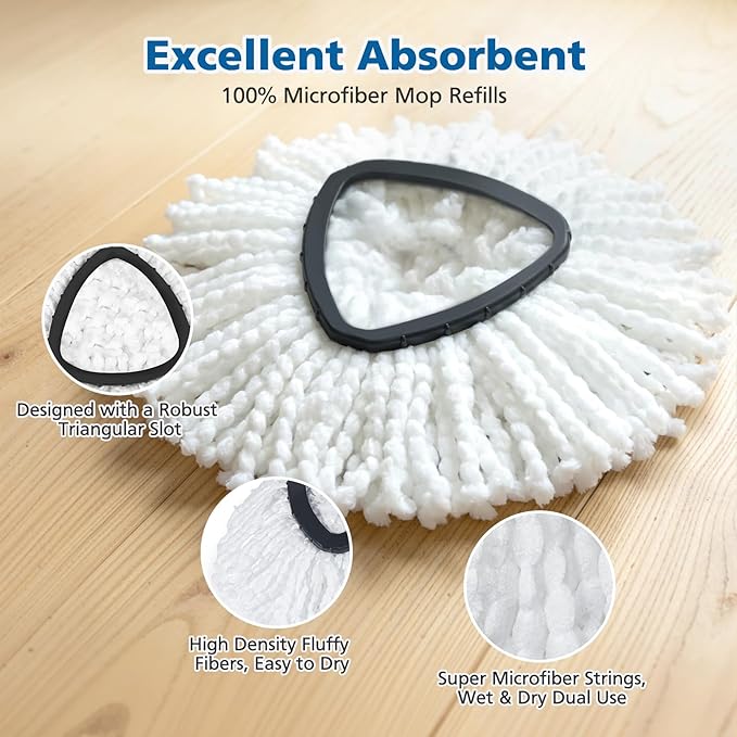 Spin Mop Replacement Head Spin Mop Refills Compatible with O Ceda EasyWring 1-Tank System, 2 Microfiber Spin Mop Head, 1 Triangle Mop Base Head and 4-Section Iron Mop Handle 30-58in for 1 Tank System