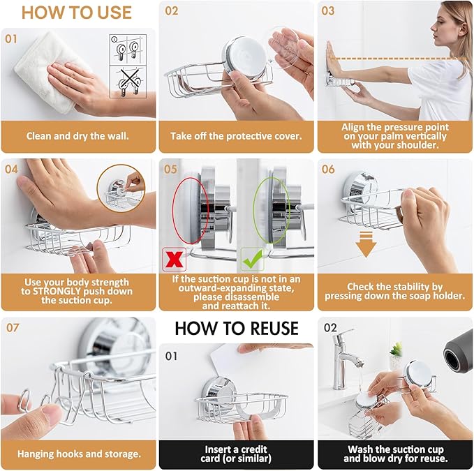 LEVERLOC Soap Holder Dish with Hooks for Shower, Bar Suction Cup Soap Tray Wall Mounted, Rustproof Stainless Steel No-Drilling Sponge Holder Caddy for Bathroom Bathtub Kitchen Sink, Silver