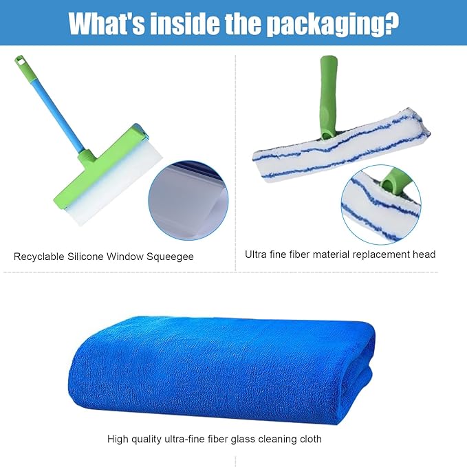 Recyclable Silicone Window Squeegee Kit, Aqua Blade Window Squeegee Kit, 3 in 1 Glass Cleaning Set with Silicone Squeegee & Microfiber Scrubber for Shower, Mirror, Door & Car Cleaning (Green)