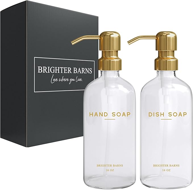 Luxury Glass Soap Dispenser Set by Brighter Barns - Hand and Dish Soap Dispenser for Kitchen Sink - Refillable Glass Bottles with Stainless Steel Pumps - Modern Gold Kitchen Decor & Accessories (Gold)