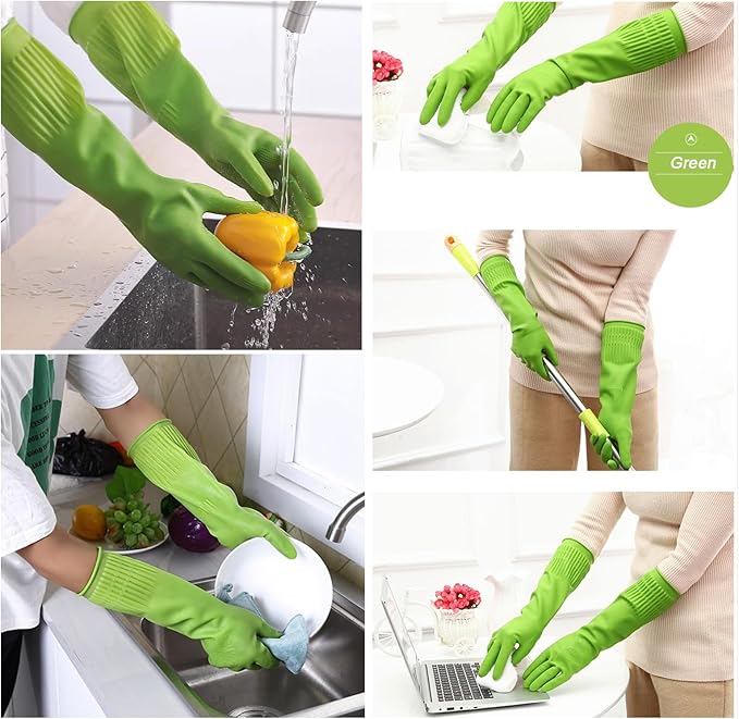 Bamllum 3 Pairs of Rubber Dishwashing Gloves for Kitchen and Household Cleaning – Long Cuff 15", Reusable, Flexible Long-lasting and Non-Slip (Red+Yellow+Green, Large)