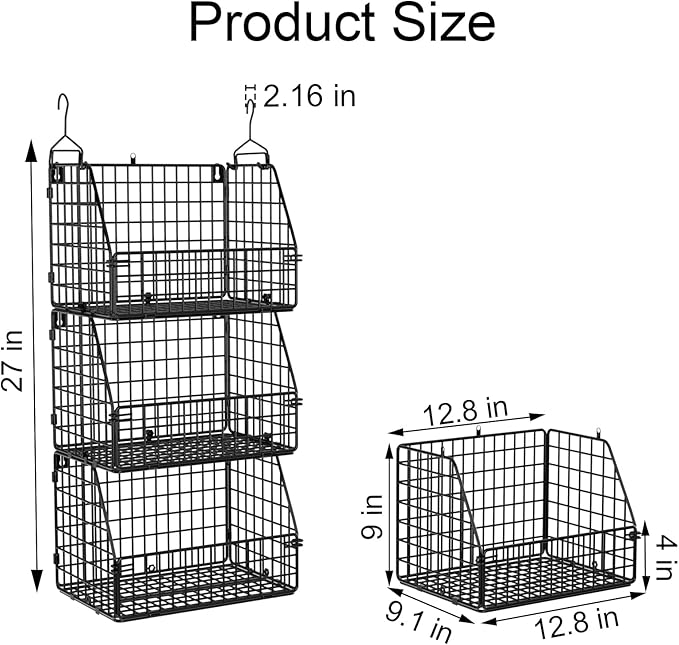 Stackable Wire Storage Baskets for Kitchen Closet Pantry, Hanging Closet Organizers Storage Shelves Organization, Wall Mount Metal Basket Bins, Clothing Vegetable & Fruit Organizer 3 pcs