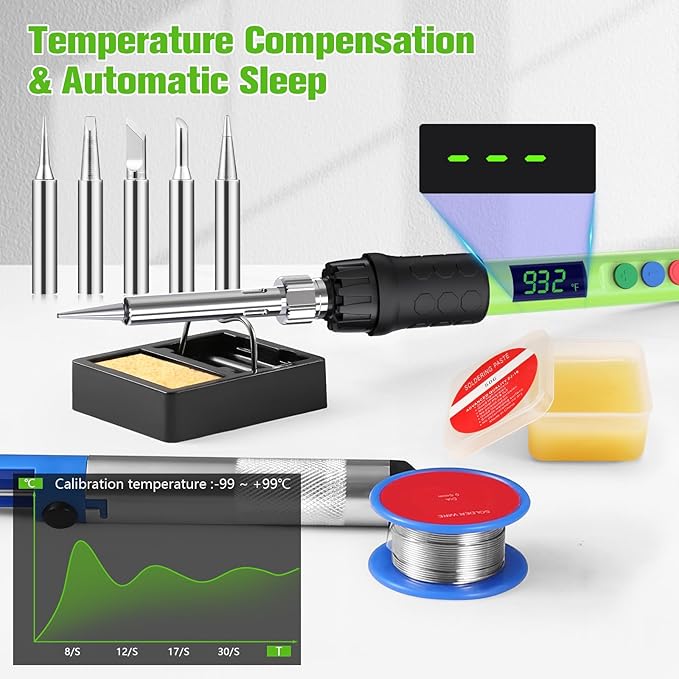 Soldering Iron Kit, 120W LED Digital Advanced Solder Iron Soldering Gun kit, 110V Welding Tools, Smart Temperature Control [356℉-932℉], Extra 5pcs Tips, Auto Sleep, Temp Calibration, Green