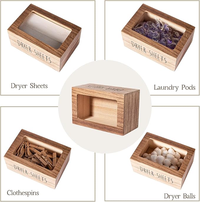 zoocatia Laundry Room Decor Dryer Sheet Container Wood Detergent Dispenser Organization and Storage Box Holder for Laundry Pods, Dryer Balls, Brown