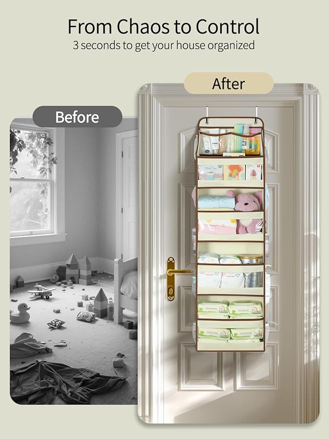 Yecaye 5 Tier 1Pc Over the Door Organizer, Swing-proof Door Organizer Hanging with Clear PVC Windows, Behind the Door Storage for Bedroom Nursery Closet Laundry Pantry Bathroom, Beige