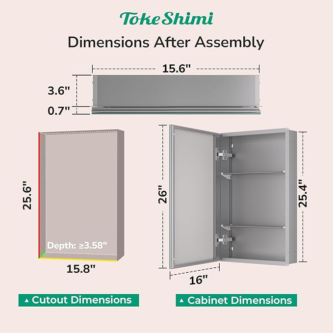 TokeShimi 16x26 Farmhouse Medicine Cabinet Recessed or Surface Mount Aluminum, Tempered Mirror with Adjustable Storage, Silver Bathroom Mirror Medicine Cabinet Frameless Metal Modern