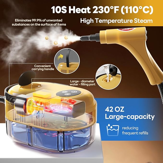 Handheld Steam Cleaner, 10s Fast Handheld Heating Steamer for Cleaning 15-in-1 High Pressure Steam Cleaner for Home & Kitchen, Grease, Grout, Tile,Floor,Couch and Car