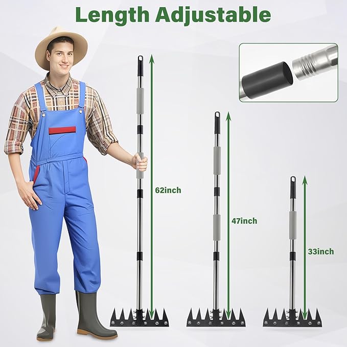 Weeding Rake Tool, Garden Weed Puller with Detachable Long Handle, 62 Inch Heavy Duty Hand Weed Remover Tool for Lawn, Yard, Atio and Backyard (7 Tines)