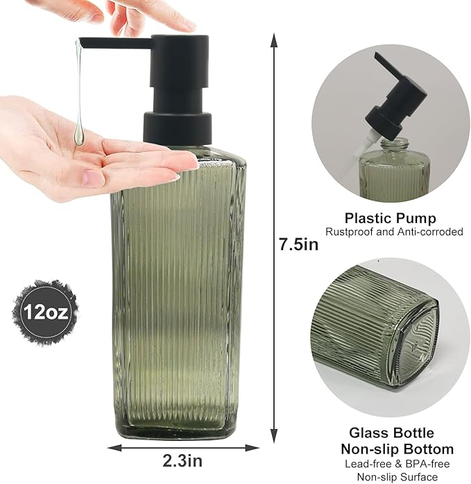 Green Glass Soap Dispenser with Black Pump, 12oz Refillable Liquid Hand Dispenser, Lotion Dish Soap Dispenser for Modern Home Decor, Bathroom, Kitchen Countertop, Hotel