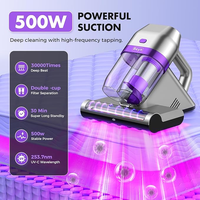 Bed Vacuum Cleaner, Mattress Vacuum Cleaner with UV & Ultrasonic, 16Kpa Suction Handheld Bed Vacuums with High Heating Tech, Effectively Clean Up Bed, Sofas, Pillows, Carpets, 500W(Corded)