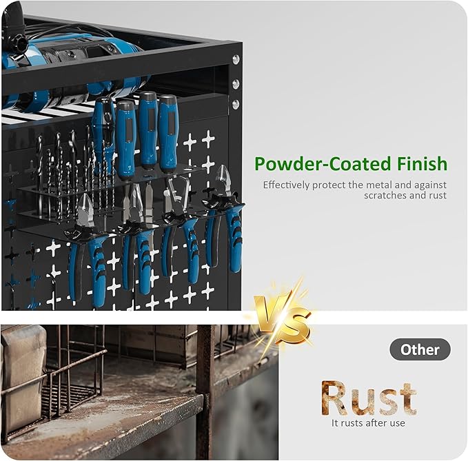 Utility Cart & Tool Organizer with 3-Tier Shelves, Pegboards & Electric Drill Holder | Heavy-Duty Rolling Cart for Garage & Workshop | Mobile Tool Storage & Gift for Men