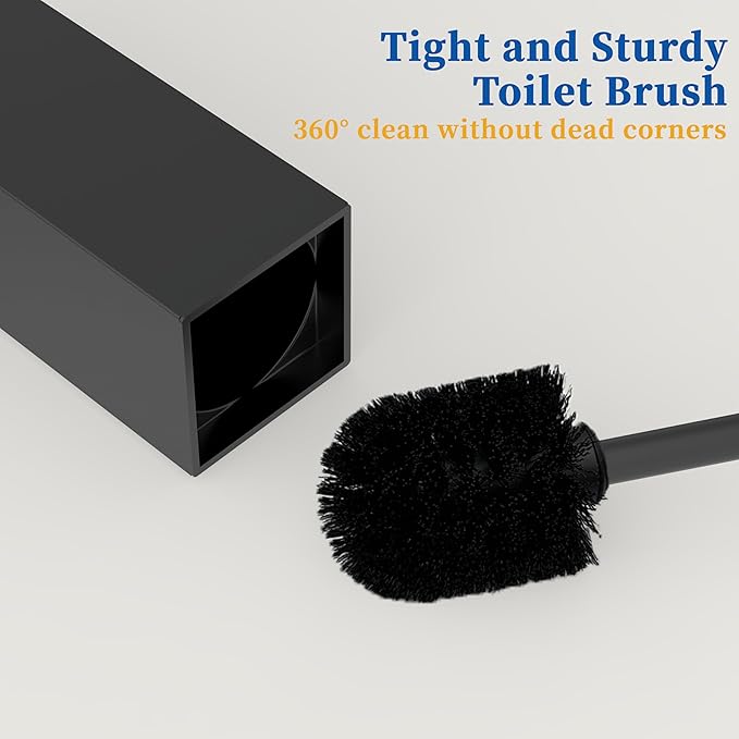RUACQ Toilet Brush and Holder Set 2pcs,Square Toilet Bowl Brush for Bathroom with 304 Stainless Steel Handle Toilet Cleaner Brush with Durable Scrubbing Bristles,Splash-Proof (Matte Black)