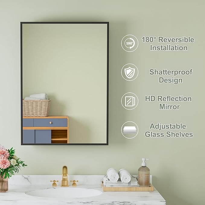 Buruis 20" x 28" Framed Medicine Cabinet with Mirror, Recessed or Wall Mounted Bathroom Cabinet, Adjustable Tempered Glass Shelves, Left/Right Open Reversible, No Assembly Required, Black