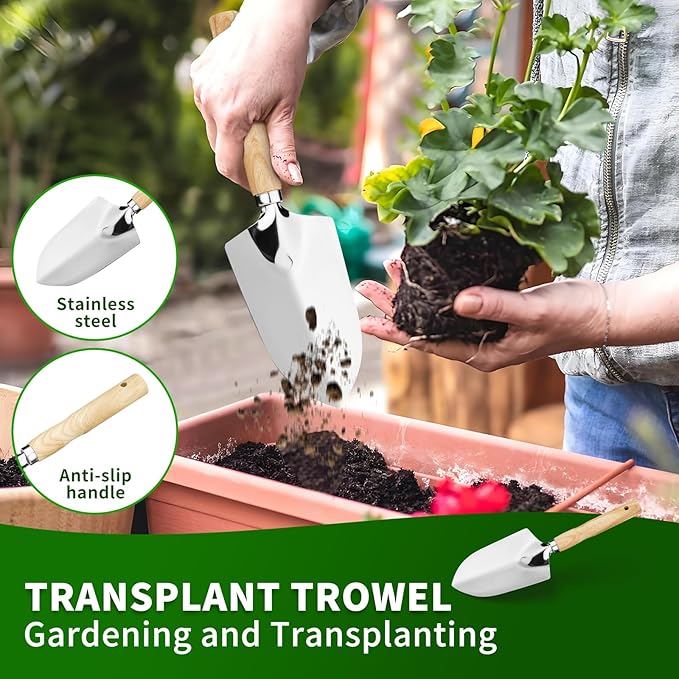 Garden Tool Set, 5 Pcs Gardening Tool Set with Weeder Puller, Dibber, Transplanter, Big Trowel, 5-Claw Cultivator - Wooden Handle Stainless Steel Gardening Hand Tools (ash Wood)