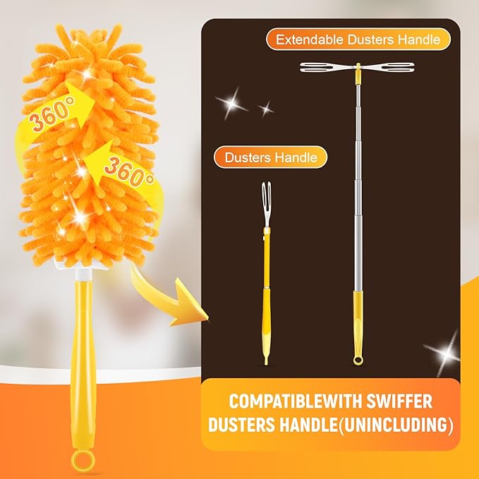 Reusable Duster Refill for Swiffer Duster Refill, 360° Heavy Duty Duster Refills Kit, 5 Pack with 1 Handle Microfiber Ceiling Fan Dusters for Cleaning（Orange, 9PCS）