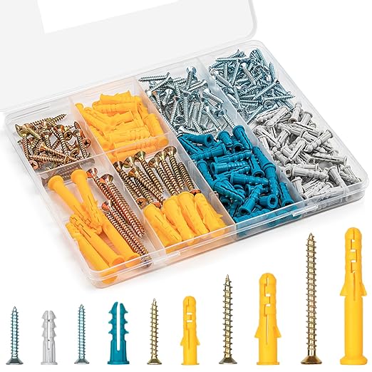 KURUI Drywall Anchors and Screws Assortment Kit 270PCS, 135 Plastic Dry Wall Expansion Anchors and 135 Philips Flat Head Wood Screws, 5 Sizes Wall Hanging Kit for Art Decor, Replaces Picture Nails