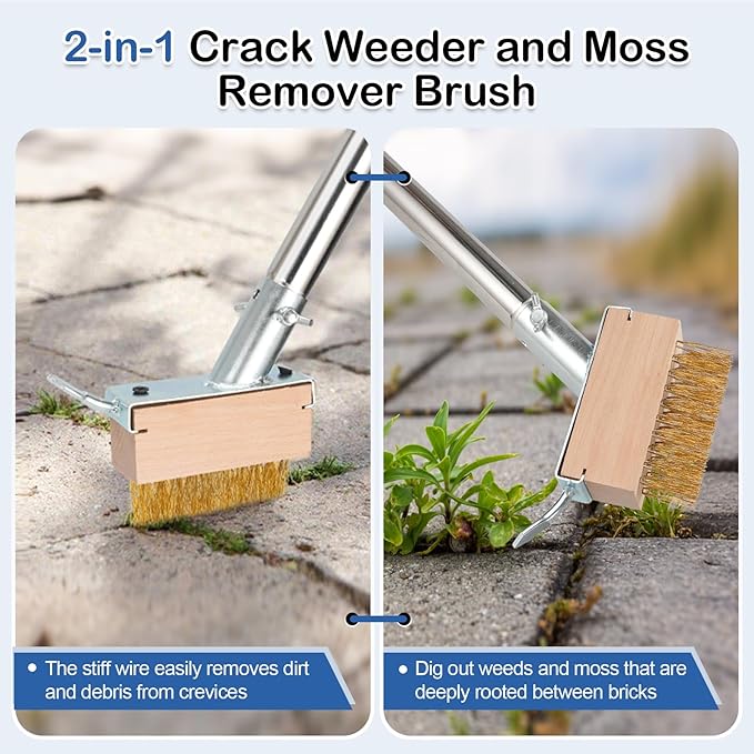 Floor Scrubber Brush, 3-in-1 Deck Brush Kit with Heavy Duty Stainless Steel Wire Scrub Brush, Floor Scrub Broom with 61" Long Handle & Crack Weeder Tool for Concrete Garden Garage