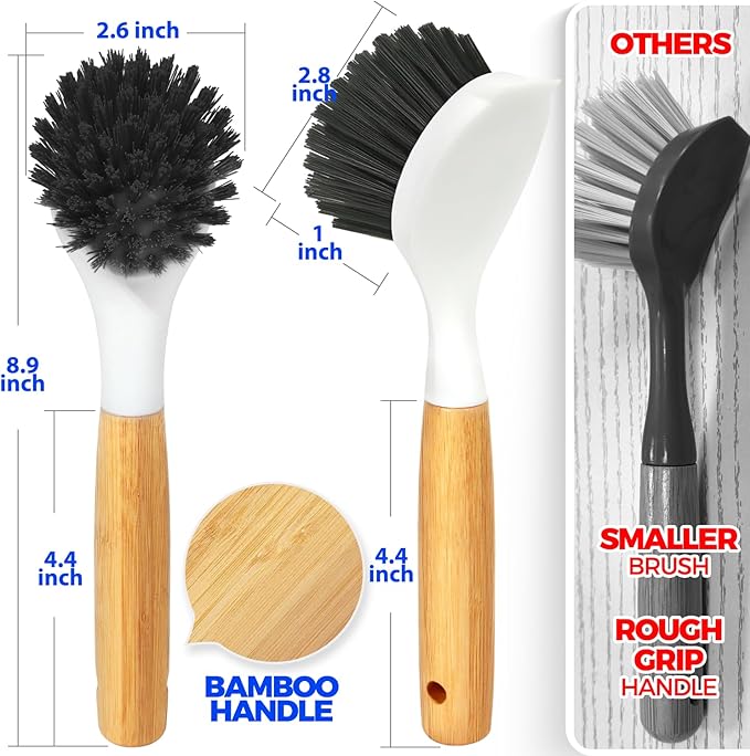 Holikme 3 Pack Cast Iron Brush and Scraper with Bamboo Handle – Skillet Scrubber with Tough Nylon Bristles, Kitchen Cleaner for Cleaning Skillet, Grill Pan, Dark Gray