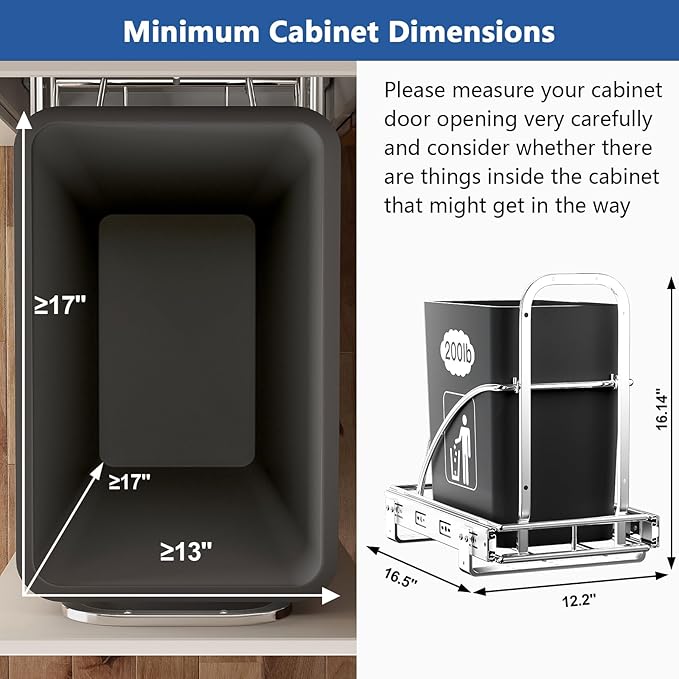 Pull Out Trash Can Under Cabinet, 50Qt 7-13 Gallon Slide-Out Trash Bin Kit with Door Connector & Glass Handle, Under Sink Garbage Can with Bands -Can Not Included (Silver)