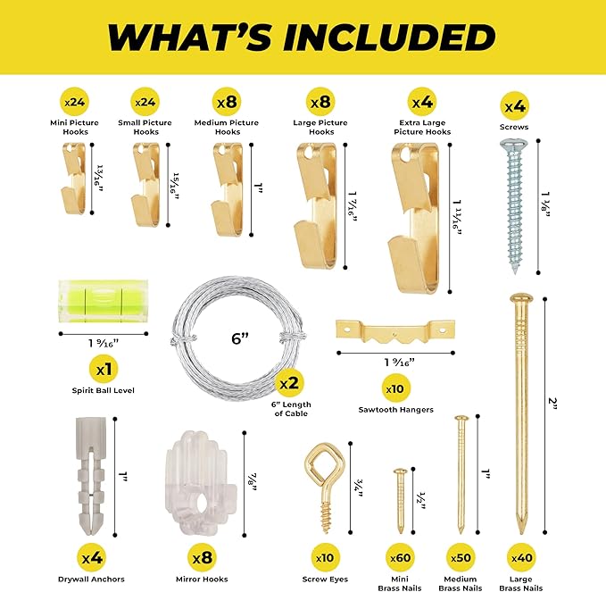 Picture and Mirror Hanging Kit Assortment – Hardware Supplies to Hang a Picture, Canvas, or Painting – Assortment of Hooks, Wire, Nails, and Sawtooth Hangers – Suitable for Drywall and Masonry Hanging