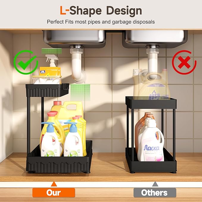 3 Pack Multi-Purpose Under Sink Organizers and Storage, 2025 L-Shaped Pull Out Cabinet Organizer for Bathroom & Kitchen, Under Cabinet Organizer with Hooks Hanging Cup, Black, Elevated