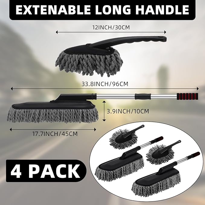 Tanlade 4 Pack Microfiber Car Duster Exterior Scratch Free with Extendable Handle Auto Duster Exterior Dust Cleaning Tools for Car Brush for Cars Truck Bike RV Boats Motorcycle (Gray)