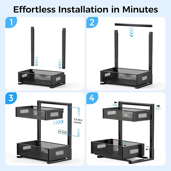 2 Pack Under Sink Organizer, Adjustable Height Under Sink Organizers and Storage, Smooth & Silent Sliding Out Metal Drawer for Kitchen Bathroom Pantry Cabinet Closet (Black)