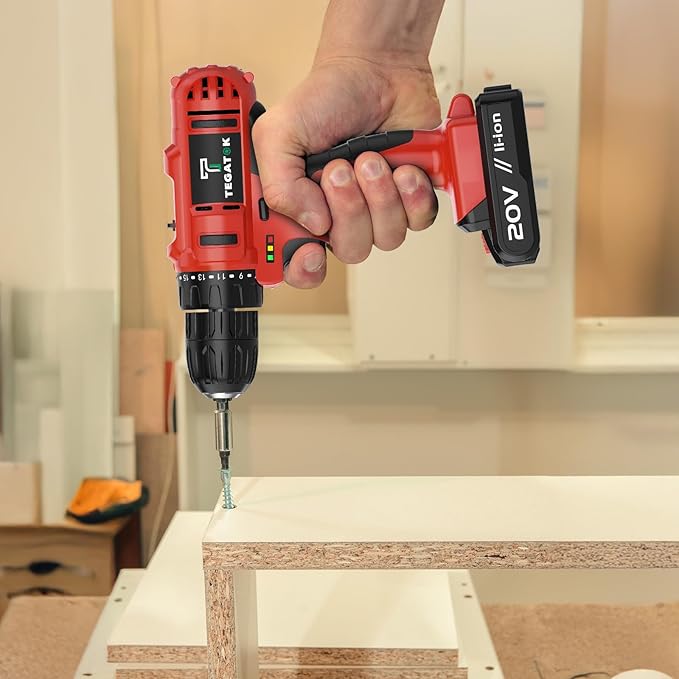 Tegatok Cordless Drill Set, 3/8 Drill Handheld Screwdriver Kit with 18+1 Torque Setting, 20V Electric Drills Tools Bit, LED Electric Power Drills with Battery and Charger, Red