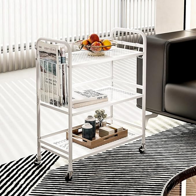 HDANI 3 Tier Metal Mesh Utility Cart,Large Capacity Multipurpose Heavy Vehicle,Rolling Trolley with to Hooks and One Basket(White)
