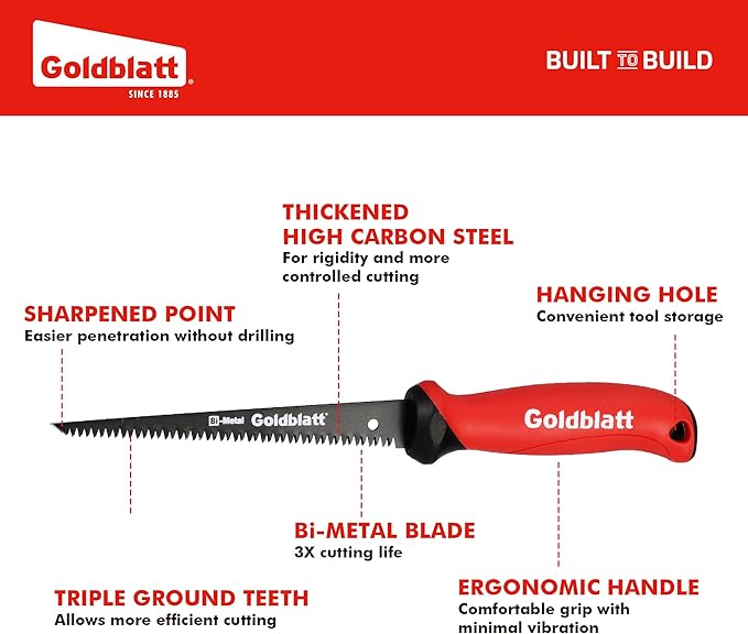 Goldblatt Drywall Saw – 6-Inch Jab Saws, Keyhole Saws with Soft Grip Handle, Hand Saw, Sheetrock Cutter, Wallboard Cutter with 8 TPI Bi-Metal Blade