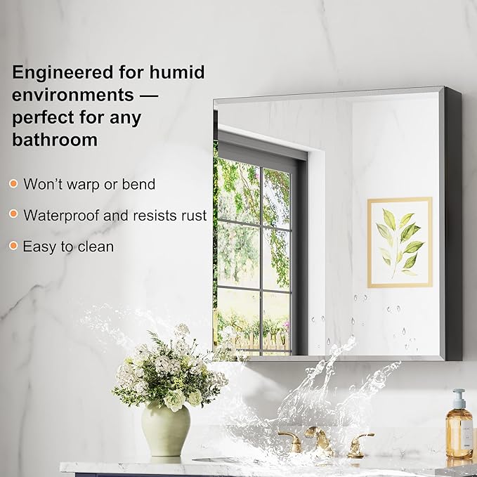 28x30 Inch Medicine Cabinet with Mirror, Aluminum Medicine Cabinet, Tempered Beveled Edge Large Singer Door Mirror, Adjustable Shelves, Surface or Recessed Mount Bathroom Mirrors with Storage, Black