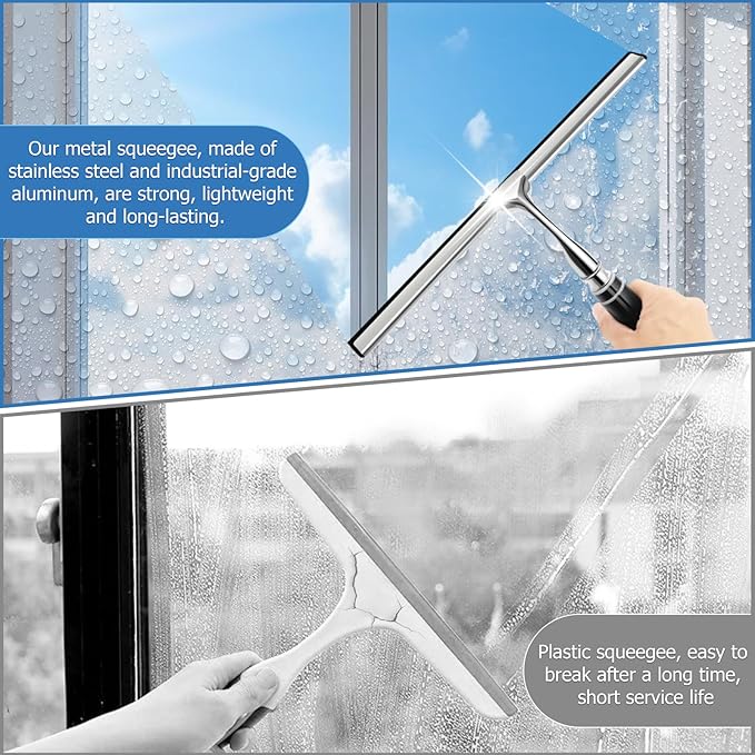 17'' - 62'' Metal Squeegee with Extension Pole for Window,Glass Door,Mirror, 12'' Wide Telescopic Shower Squeegee Cleaner with Long Handle for Cleaning Tile Wall,Floor,Bath,Car Windshield,Solar Panel