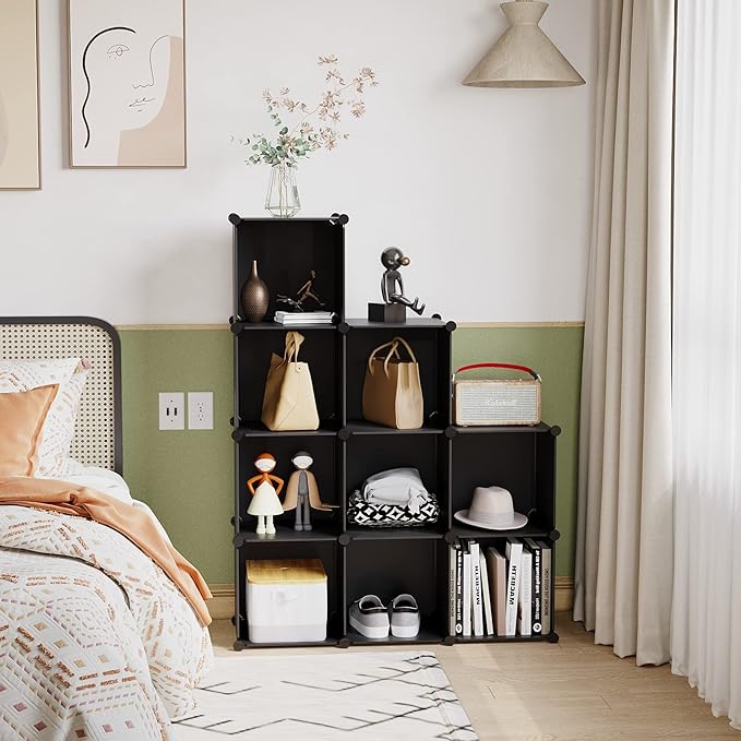 C&AHOME Cube Storage, 9-Cube Bookshelf, Plastic Closet Cabinet Organizer, DIY Stackable Bookcase, Modular Shelving Units Ideal for Home, Office, Kids Room, 36.6" L x 12.4" W x 48.4" H Black SHS3009A