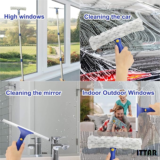 ITTAR Window Squeegee with 2 Sets Stainless Steel Pole, Squeegee Cleaning Tools with Microfiber Pads, 60"-72" Telescopic Window Washing Kit, Professional Squeegee Cleaner for Home Car Outside Glass