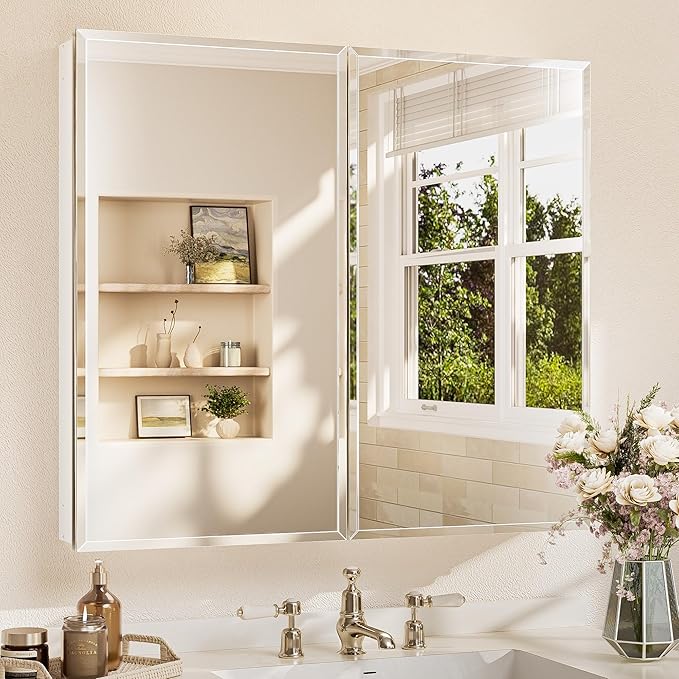 TETOTE 36 x 32 Medicine Cabinet with Tempered Beveled Mirror White Bathroom Mirror Cabinet Aluminum Cabinet DTC Hinges, Stepless Adjustable Shelves, Recessed/Surface-Mounted